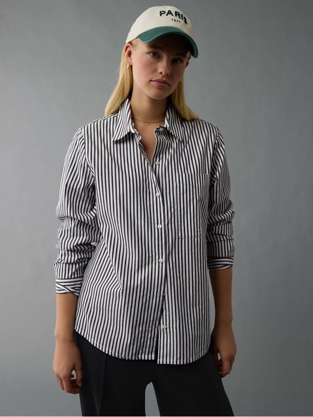 American Eagle Outfitters Black & White Vertical Stripe Button-Down Shirt